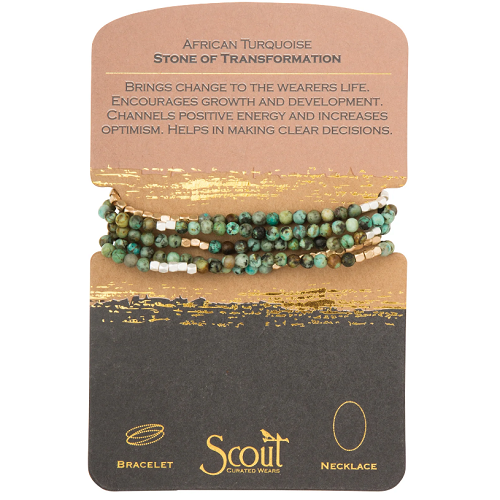 Scout Stone Wrap Bracelet/Necklace African Turquoise Silver/Gold Stone of Transformation