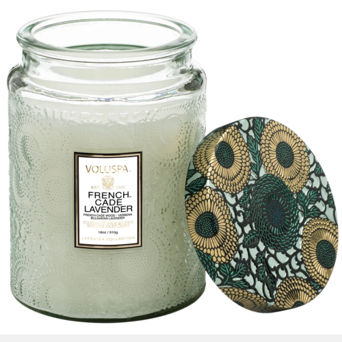 Voluspa French Cade Lavender Large Embossed Glass Jar Candle
